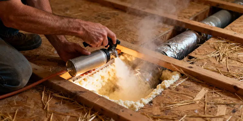 Spray foam insulation applied between floor joists for higher energy efficiency
