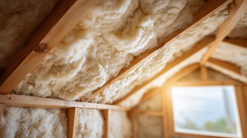 Wooden attic with dense spray foam insulation